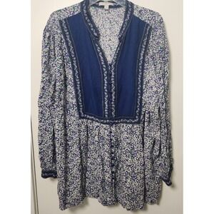 Woman Within Blue Floral Ruffle‎ V-Neck Long Sleeve Button Front Tunic Blouse 2X